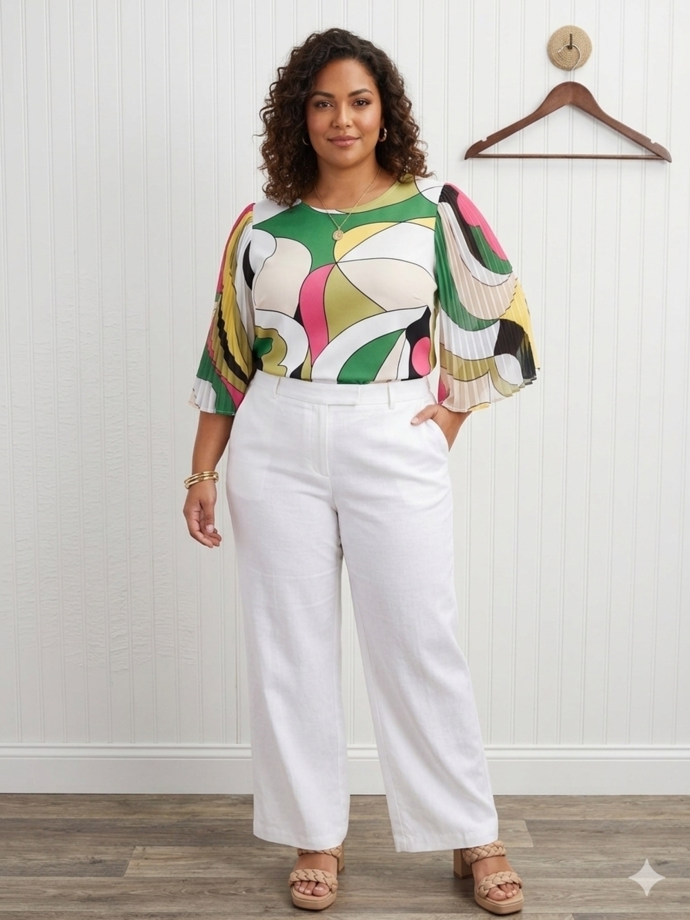 Ashley Stewart Green Multi-Color Abstract Pleated Sleeve Blouse